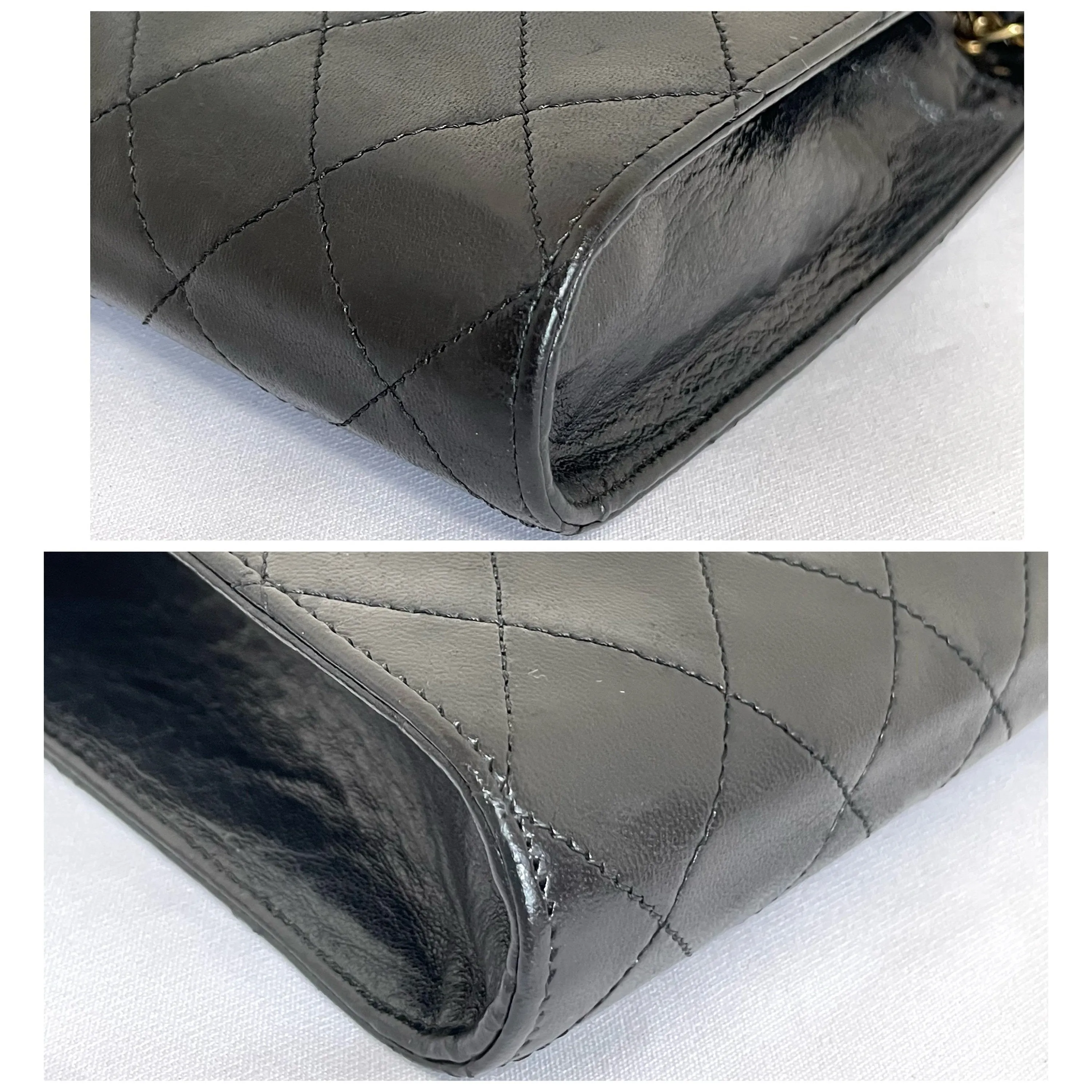 Vintage CHANEL black leather diary book design 2.55 flap shoulder bag with gold tone CC closure. 0407232