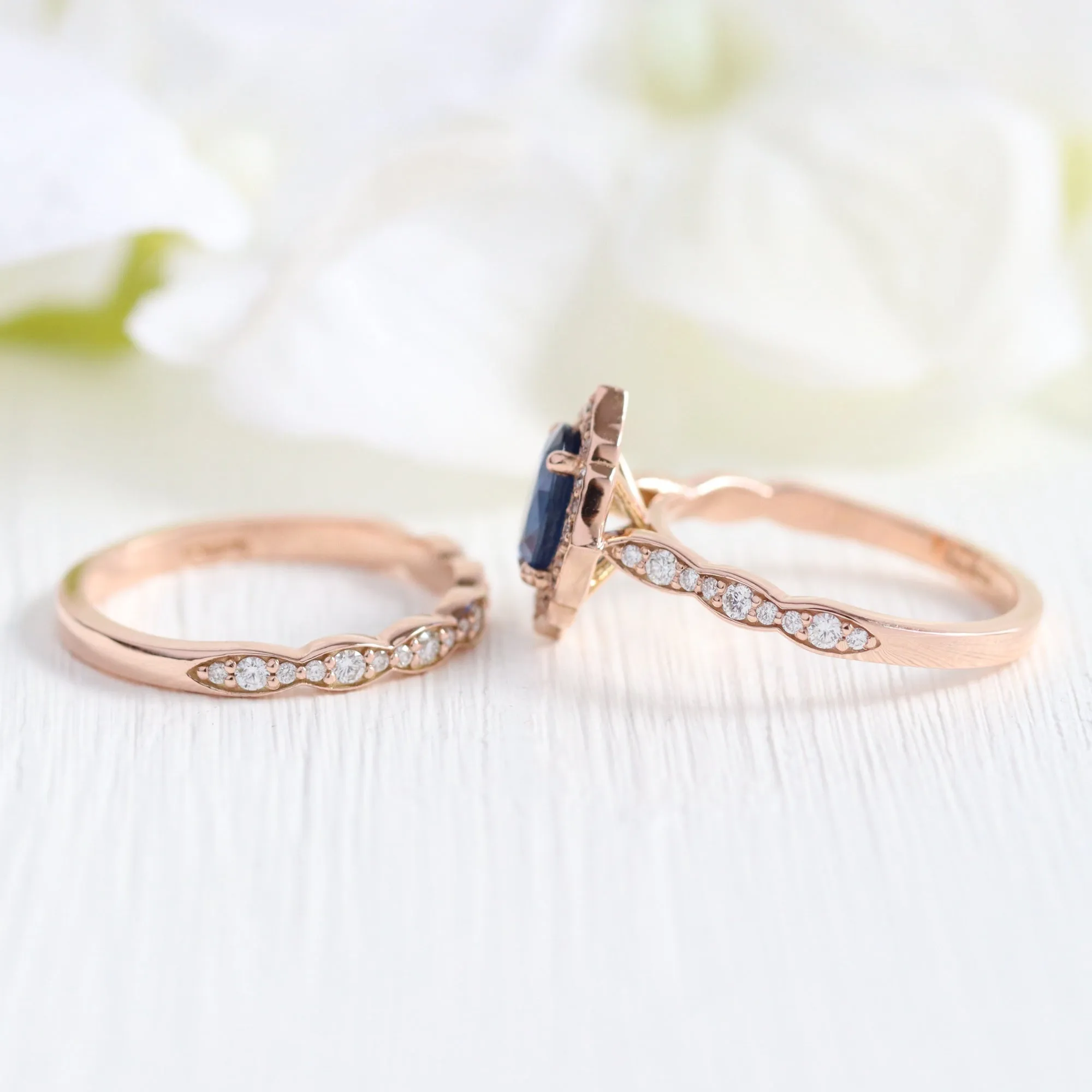 Vintage Floral Oval Ring Bridal Set w/ Natural Sapphire and Diamond in Scalloped Band
