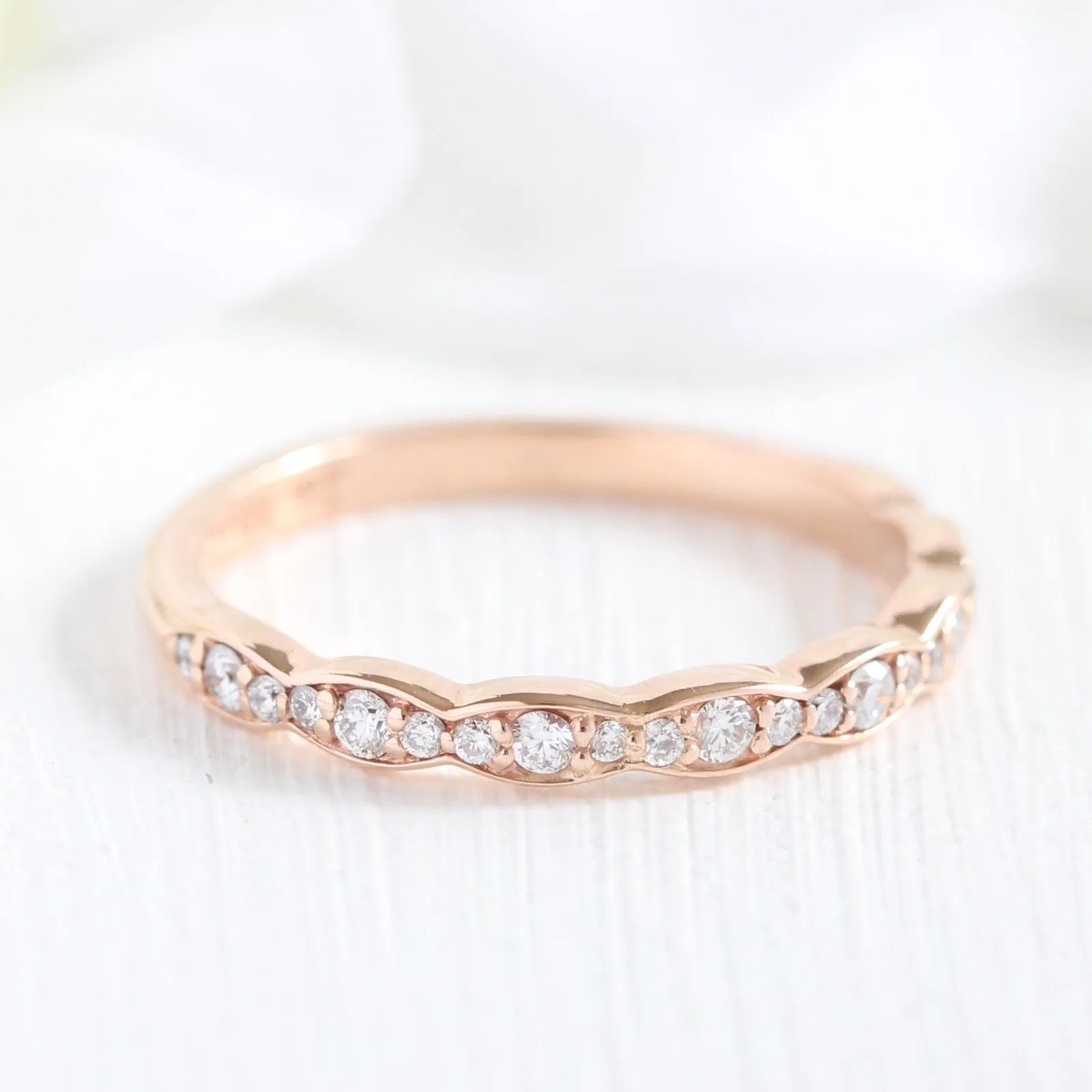 Vintage Floral Oval Ring Bridal Set w/ Natural Sapphire and Diamond in Scalloped Band