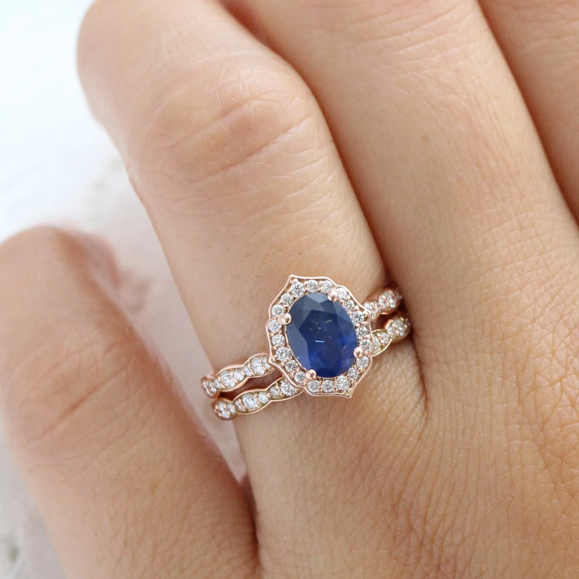 Vintage Floral Oval Ring Bridal Set w/ Natural Sapphire and Diamond in Scalloped Band