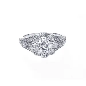 Vintage Round Halo Three-Row Tapered Band Engagement Ring