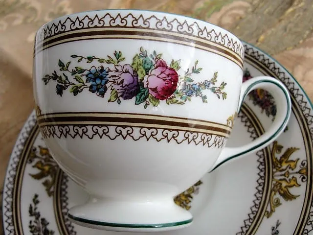 VINTAGE Wedgwood Teacup and Saucer English Bone China Elegant Footed Teacup and Saucer Columbia Pattern Enamel Flowers Cup and Saucer