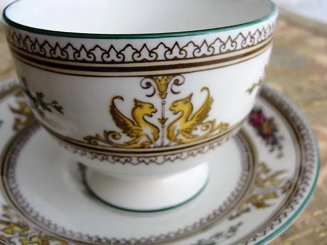 VINTAGE Wedgwood Teacup and Saucer English Bone China Elegant Footed Teacup and Saucer Columbia Pattern Enamel Flowers Cup and Saucer