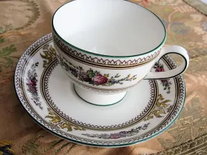 VINTAGE Wedgwood Teacup and Saucer English Bone China Elegant Footed Teacup and Saucer Columbia Pattern Enamel Flowers Cup and Saucer