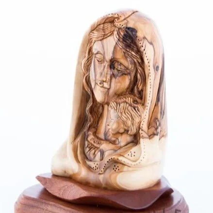 Virgin Mary with Baby Jesus Bust Statue, 7.5" Carving Olive Wood