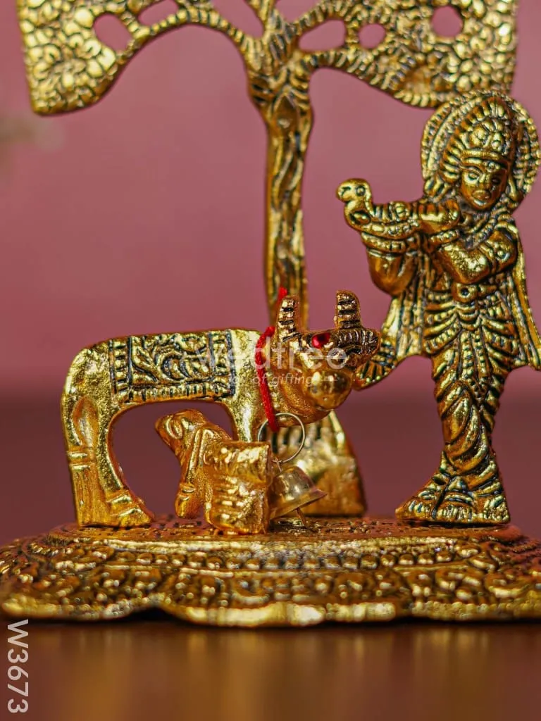 White metal Cow Krishna under tree gold finish - W3673