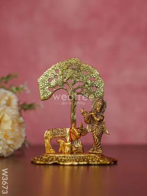 White metal Cow Krishna under tree gold finish - W3673