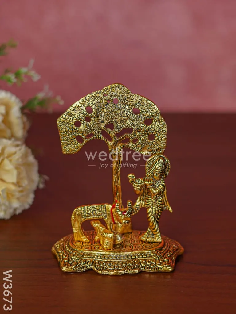 White metal Cow Krishna under tree gold finish - W3673