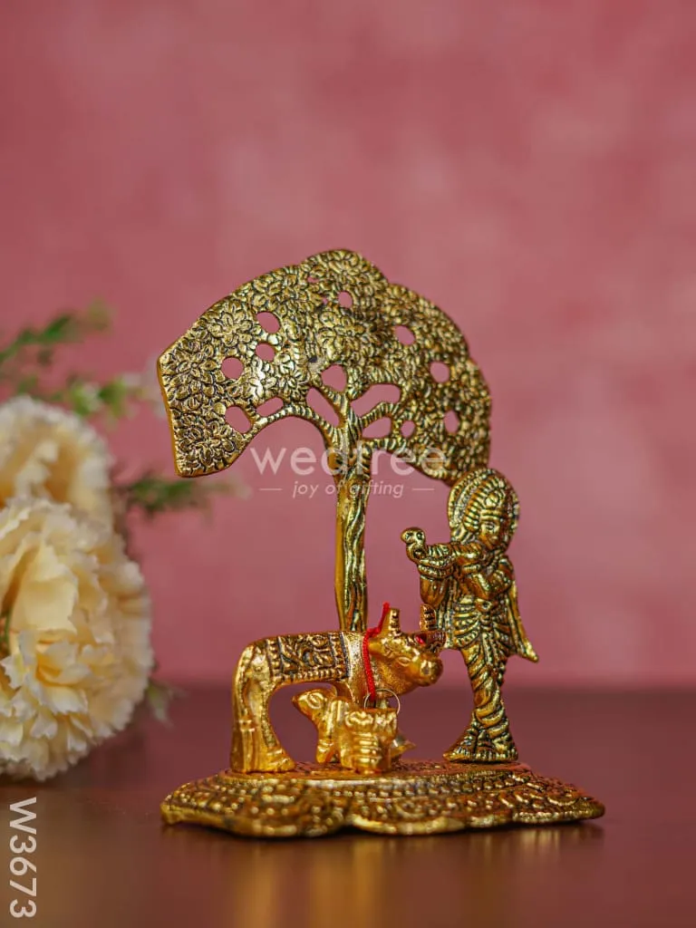 White metal Cow Krishna under tree gold finish - W3673