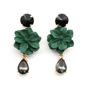 Yellow Chimes Classic Vintage Bohemia Green Flower Natural Stone Black Crystal Big Dangle Drop Earrings For Women and Girl's
