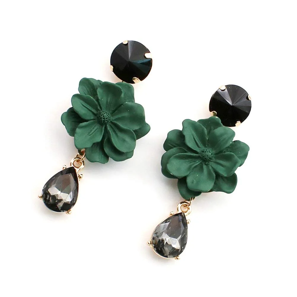 Yellow Chimes Classic Vintage Bohemia Green Flower Natural Stone Black Crystal Big Dangle Drop Earrings For Women and Girl's
