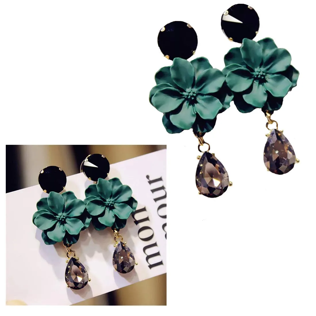 Yellow Chimes Classic Vintage Bohemia Green Flower Natural Stone Black Crystal Big Dangle Drop Earrings For Women and Girl's