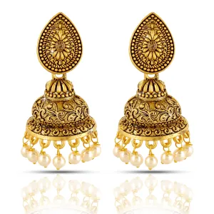 Yellow Chimes Traditional Jhumka/Jhumki Earrings Temple Jewellery Artistic Crafted Antique Oxidized Matte Gold Plated Pearl Earrings for Womens & Girls