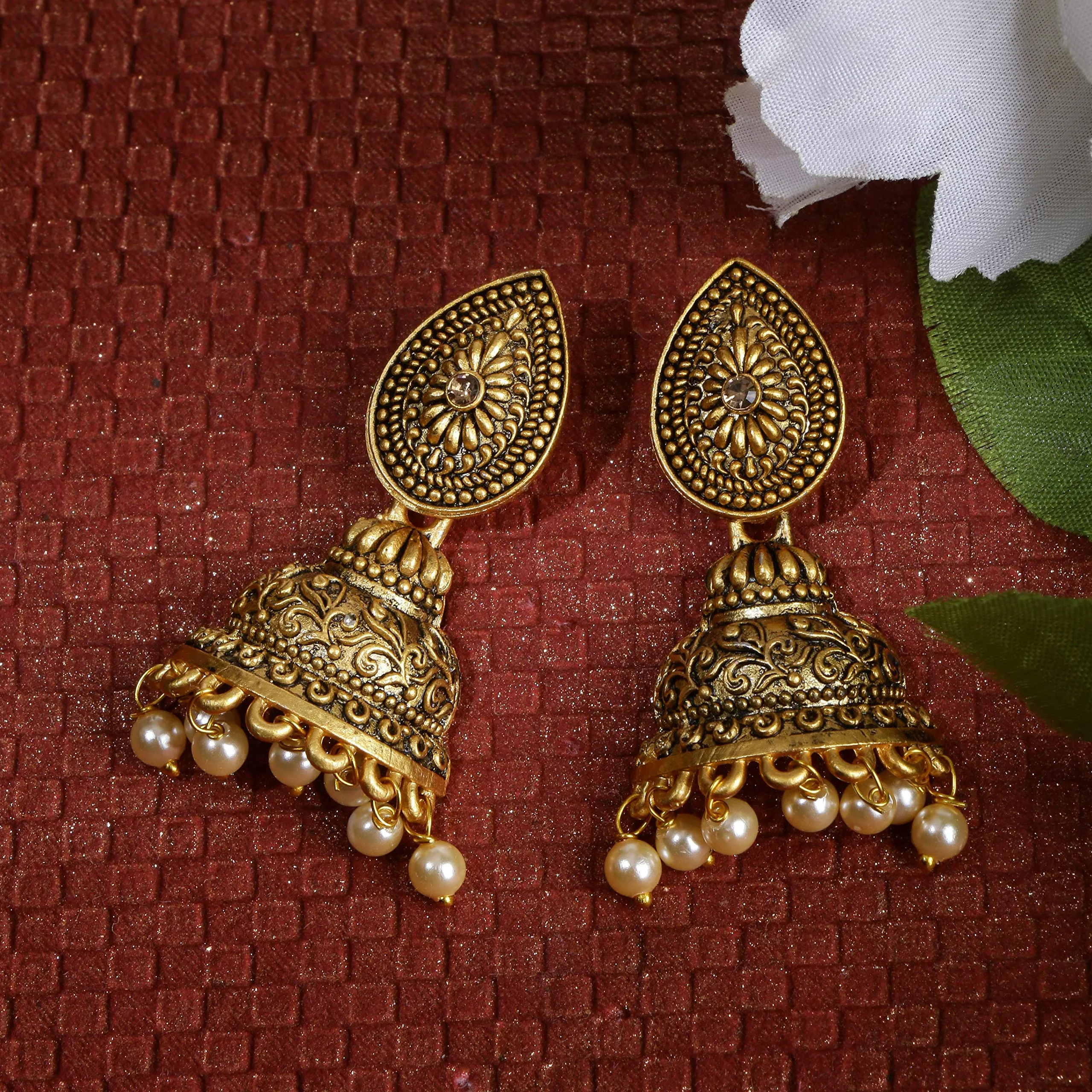 Yellow Chimes Traditional Jhumka/Jhumki Earrings Temple Jewellery Artistic Crafted Antique Oxidized Matte Gold Plated Pearl Earrings for Womens & Girls